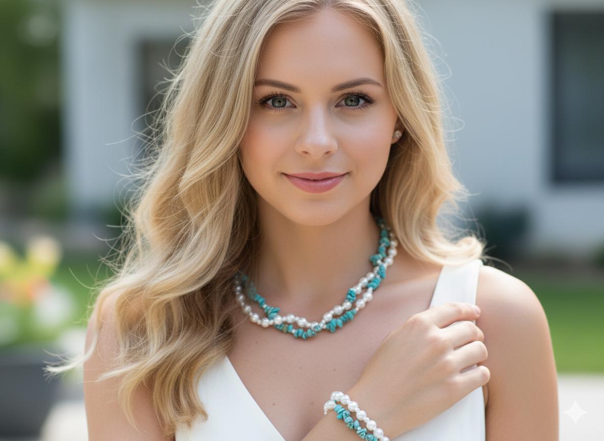 TURQUOISE PEARL | Necklace Bracelet Set | Sterling Silver | Two Strand Boho Jewellery | Gift for Women