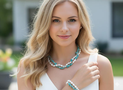 TURQUOISE PEARL | Necklace Bracelet Set | Sterling Silver | Two Strand Boho Jewellery | Gift for Women