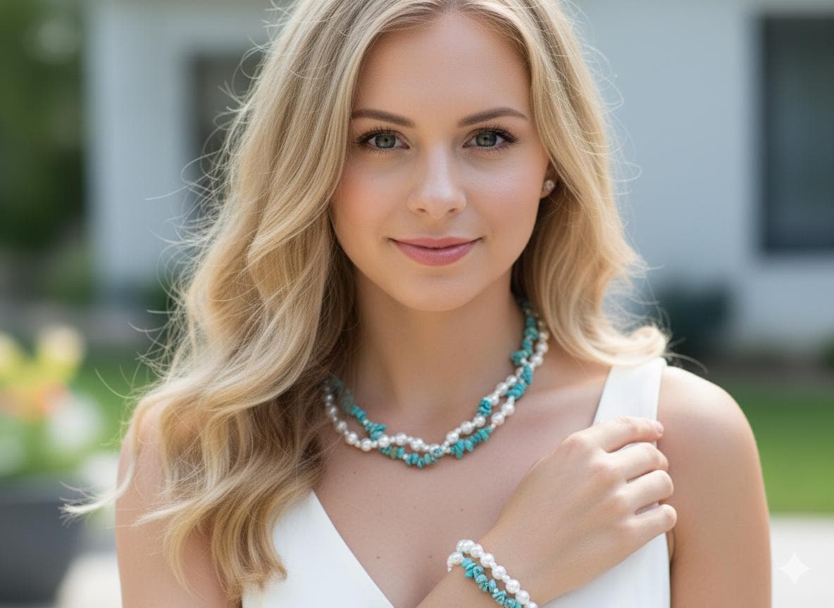TURQUOISE PEARL | Necklace Bracelet Set | Sterling Silver | Two Strand Boho Jewellery | Gift for Women