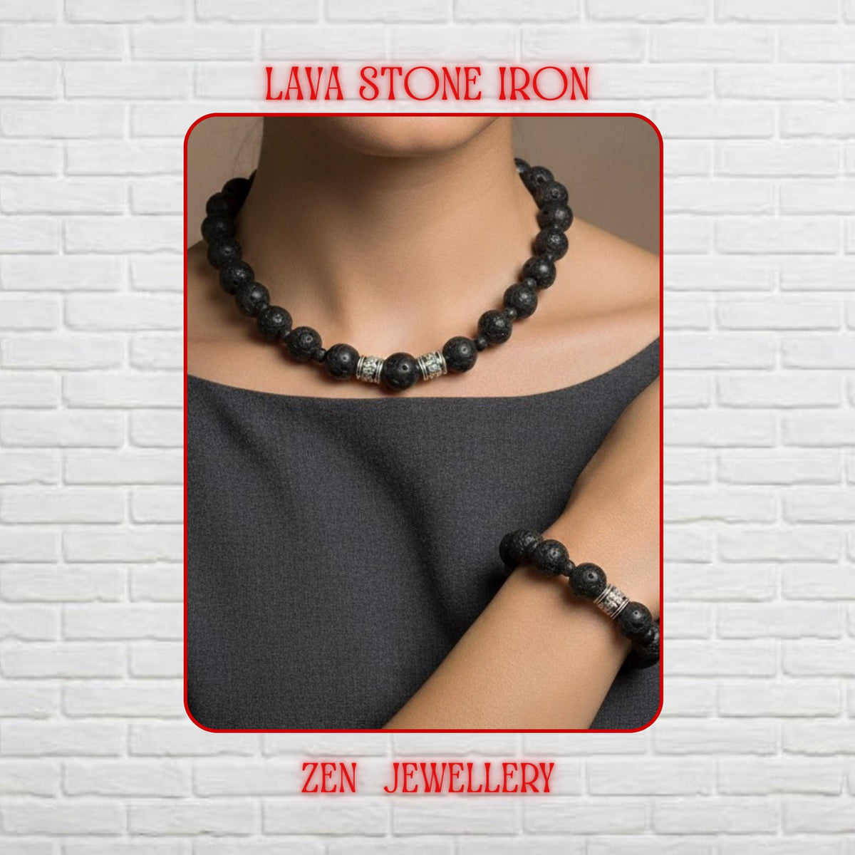 Handmade black lava stone necklace and bracelet set displayed on a rich red textured background with elegant silver artisan spacers. The volcanic beads feature a porous matte texture with natural organic details that create a bold and grounding appearance. The necklace combines multiple bead sizes for visual balance and includes a silver clasp with an extension chain and a delicate star charm.