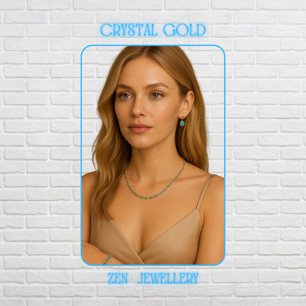 Elegant handmade crystal necklace and bracelet set displayed on a model featuring vibrant blue faceted crystals linked with delicate gold chain details. The rich crimson stones reflect warm light beautifully and create luxurious sparkle with every movement. Matching bracelet and necklace create a romantic coordinated jewellery look perfect for weddings, evening outfits, festive occasions, or feminine fashion styling. Necklace length is 60CM and b