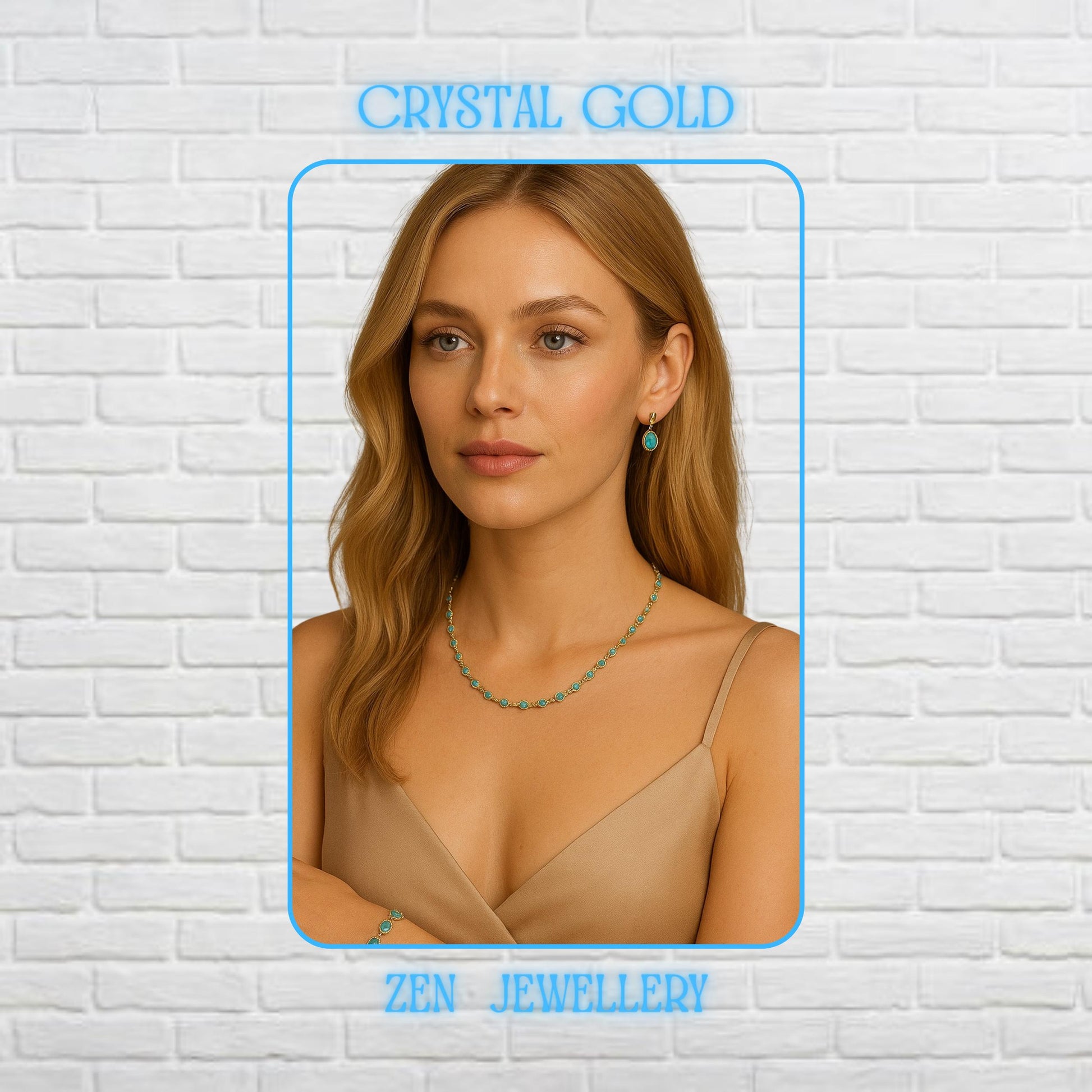 Elegant handmade crystal necklace and bracelet set displayed on a model featuring vibrant blue faceted crystals linked with delicate gold chain details. The rich crimson stones reflect warm light beautifully and create luxurious sparkle with every movement. Matching bracelet and necklace create a romantic coordinated jewellery look perfect for weddings, evening outfits, festive occasions, or feminine fashion styling. Necklace length is 60CM and b