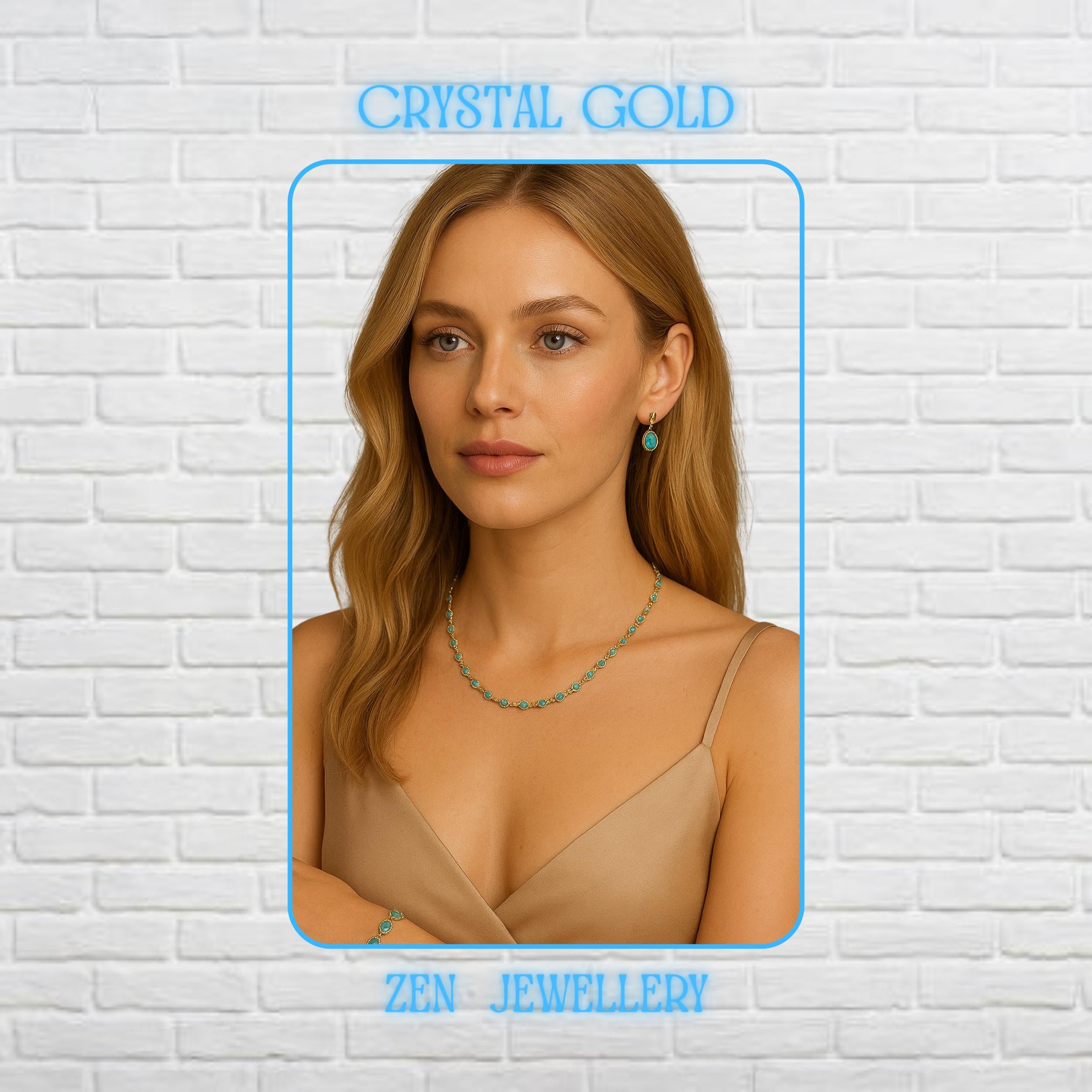 Elegant handmade crystal necklace and bracelet set displayed on a model featuring vibrant blue faceted crystals linked with delicate gold chain details. The rich crimson stones reflect warm light beautifully and create luxurious sparkle with every movement. Matching bracelet and necklace create a romantic coordinated jewellery look perfect for weddings, evening outfits, festive occasions, or feminine fashion styling. Necklace length is 60CM and b