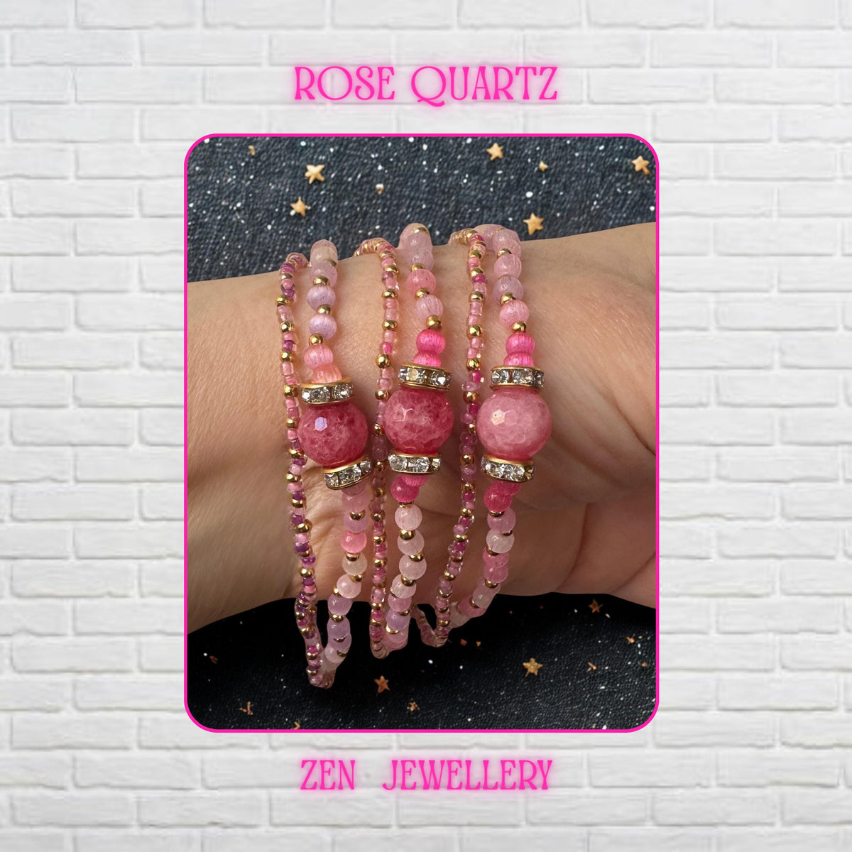A multi strand rose crystal bracelet wraps elegantly around a wrist, displaying delicate translucent light pink quartz beads mixed with metallic gold spacer beads and tiny pink, white, and gold seed beads. At the centre sits a large faceted raspberry pink focal stone framed by sparkling silver tone rhinestone spacer rings. The layered design creates a stacked bracelet appearance while remaining lightweight and adjustable.