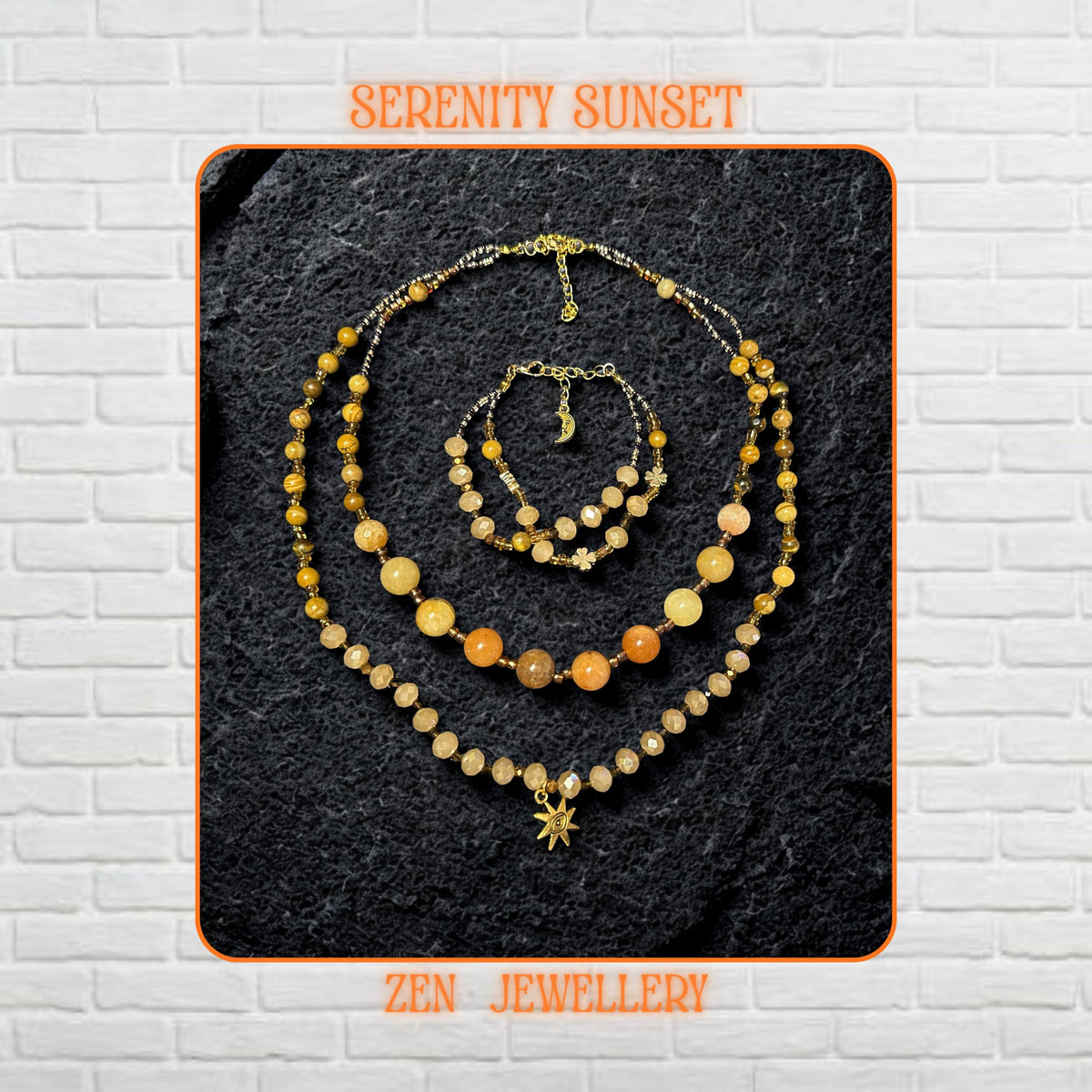 Handmade jade gemstone necklace and bracelet set featuring warm yellow jade, honey jade, amber beads, and champagne crystal beads with gold spacer details and a delicate gold clasp. The layered design sits on a dark textured stone background and creates a rich earthy luxury look with graceful movement.