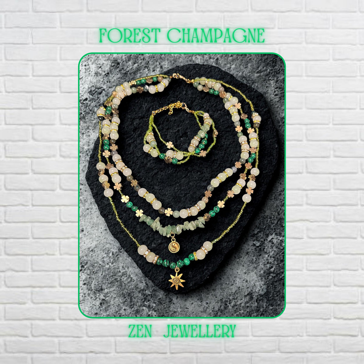• Elegant handmade layered AVENTURINE jewellery set displayed on a dark volcanic stone background, featuring three delicate necklace strands and a matching double strand bracelet in soft green, ivory, cream, and earthy tones. The design combines polished aventurine gemstones, creamy jade style beads, green striped malachite style beads, metallic seed beads, rhinestone spacer rings, and warm gold accents that reflect light beautifully for a luxuri