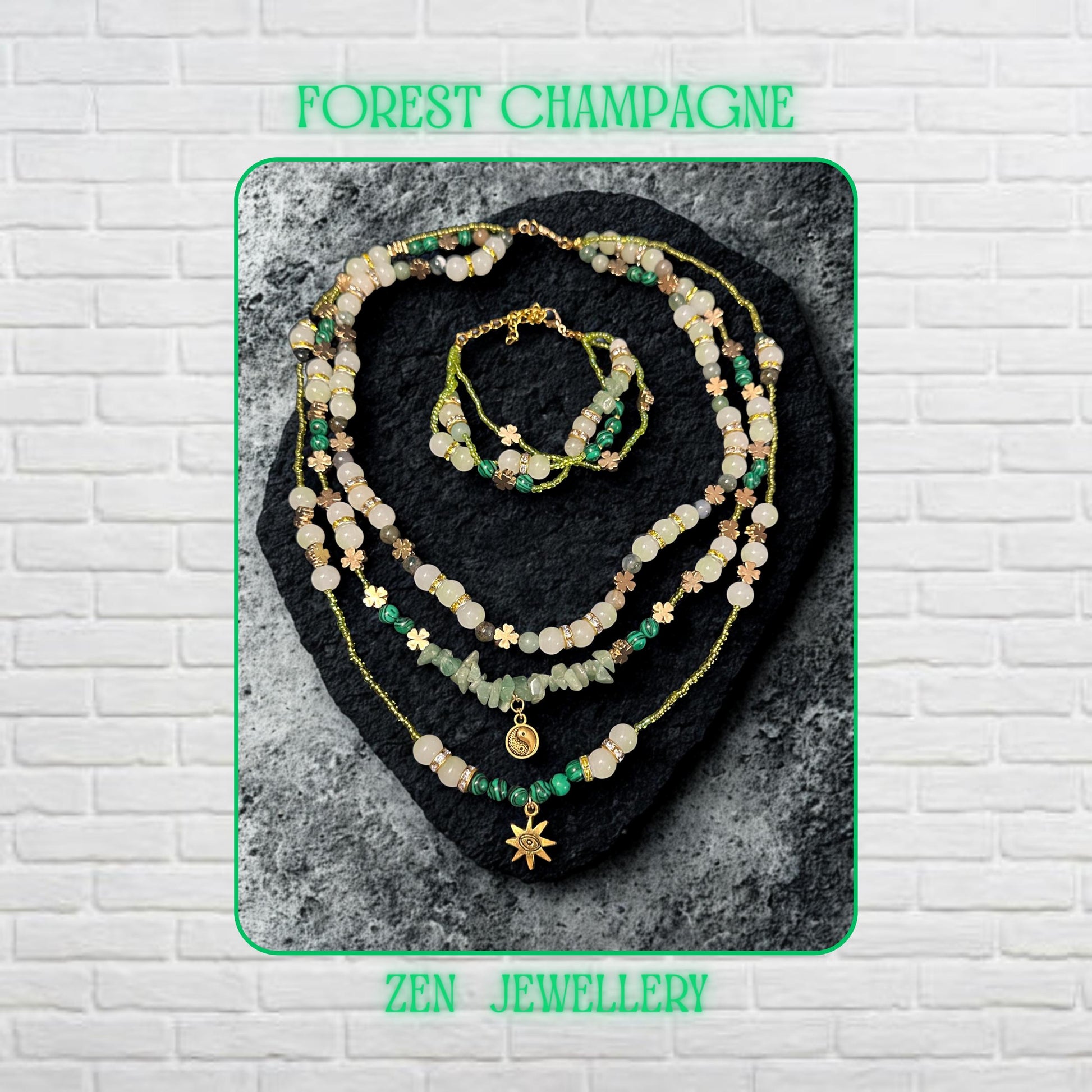 • Elegant handmade layered AVENTURINE jewellery set displayed on a dark volcanic stone background, featuring three delicate necklace strands and a matching double strand bracelet in soft green, ivory, cream, and earthy tones. The design combines polished aventurine gemstones, creamy jade style beads, green striped malachite style beads, metallic seed beads, rhinestone spacer rings, and warm gold accents that reflect light beautifully for a luxuri