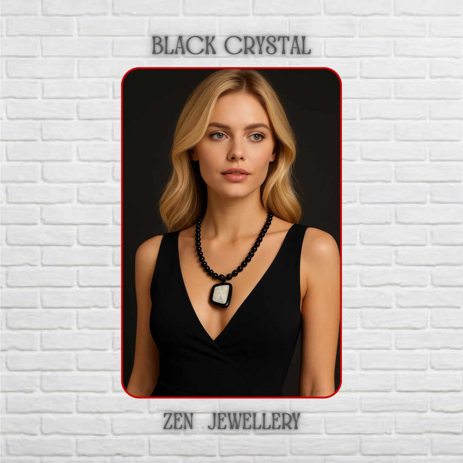 A sophisticated handmade black crystal necklace and bracelet set displayed on a model featuring glossy faceted black crystal beads arranged in an elegant continuous strand. The necklace includes a striking asymmetrical geometric pendant made with a polished black stone framing a luminous white natural shell or pearl-like centrepiece. The monochrome contrast between deep black and soft iridescent white creates a luxurious modern statement jeweller