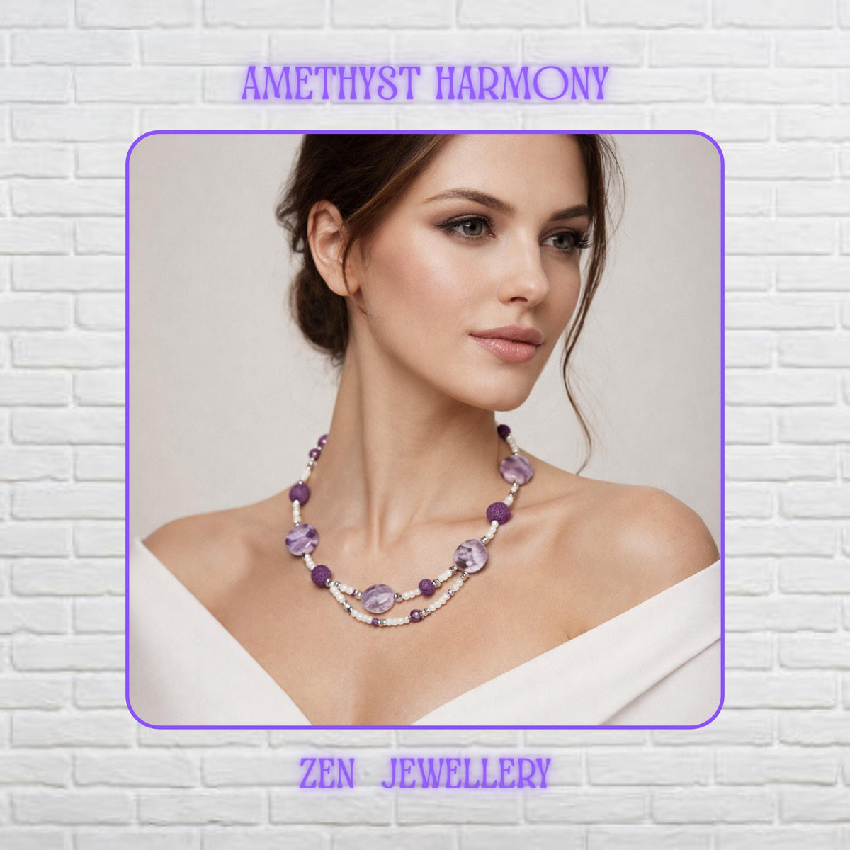 This handmade AMETHYST PEARL necklace features polished lavender-purple gemstone beads combined with delicate white seed beads and textured purple lava stone accents. The flowing double-strand design creates graceful movement and an elegant bohemian appearance. Silver clasp details add shine and a handcrafted finish. Necklace length approximately 50 cm or 19.7 inches.