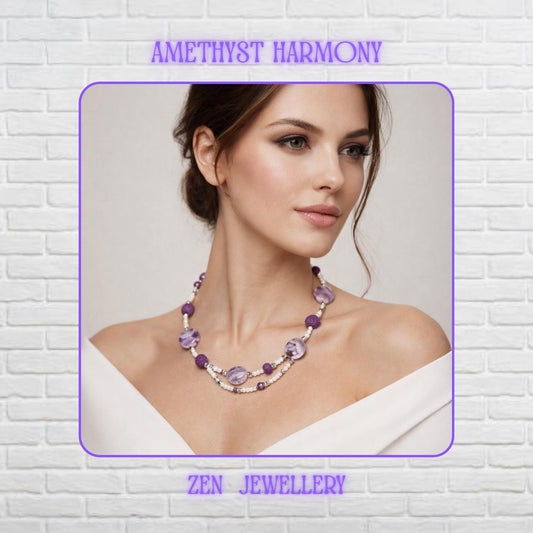 This handmade AMETHYST PEARL necklace features polished lavender-purple gemstone beads combined with delicate white seed beads and textured purple lava stone accents. The flowing double-strand design creates graceful movement and an elegant bohemian appearance. Silver clasp details add shine and a handcrafted finish. Necklace length approximately 50 cm or 19.7 inches.
