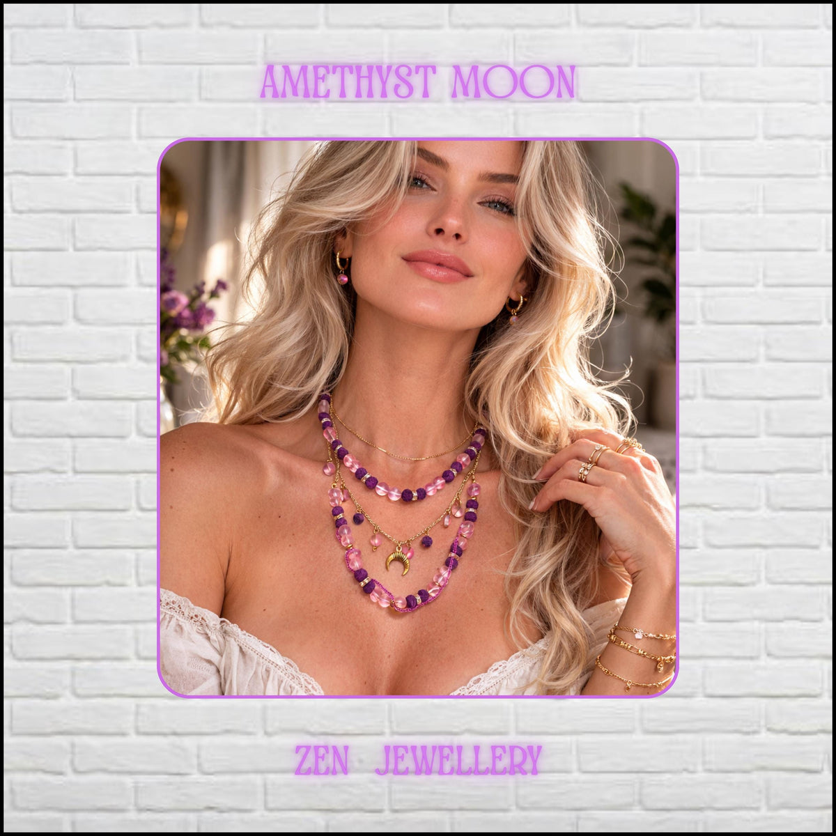 • Elegant layered AVENTURINE jewellery set displayed on a dark textured background featuring soft blush pink translucent gemstone beads combined with rich matte purple lava stone beads and delicate gold chain details. The necklace includes two layered strands with sparkling rhinestone spacer rings, tiny pink seed bead accents, and a celestial crescent moon pendant suspended from a fine golden chain creating a romantic bohemian style with feminine