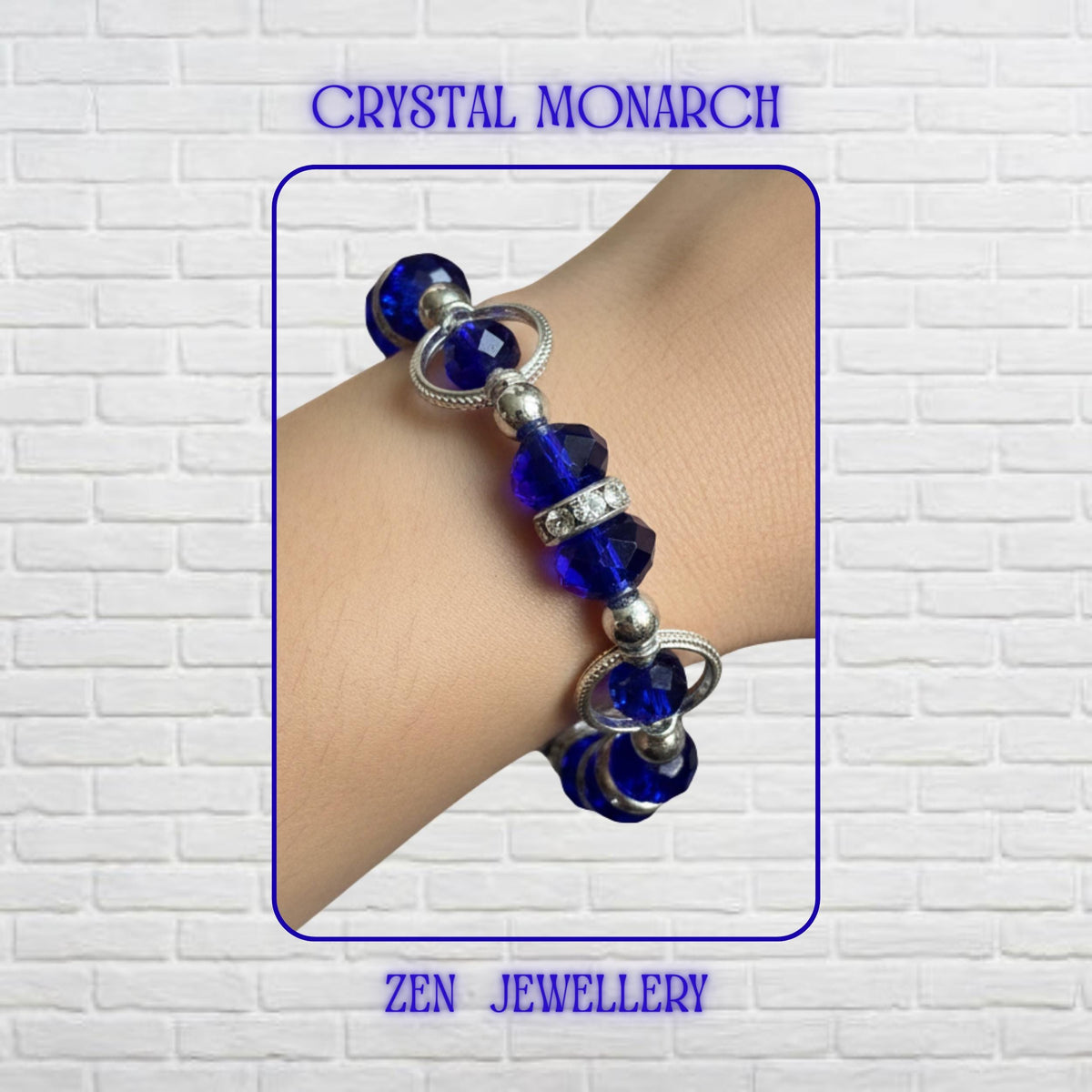 A luxurious handmade blue crystal bracelet displayed on a soft white textured fabric background, featuring deep royal blue faceted crystal beads that catch and reflect light beautifully. Polished silver-tone spacer beads and sparkling rhinestone rondelles create an elegant contrast throughout the design. Decorative circular silver connectors add a contemporary designer appearance, while the adjustable clasp closure provides a comfortable fit. Bra