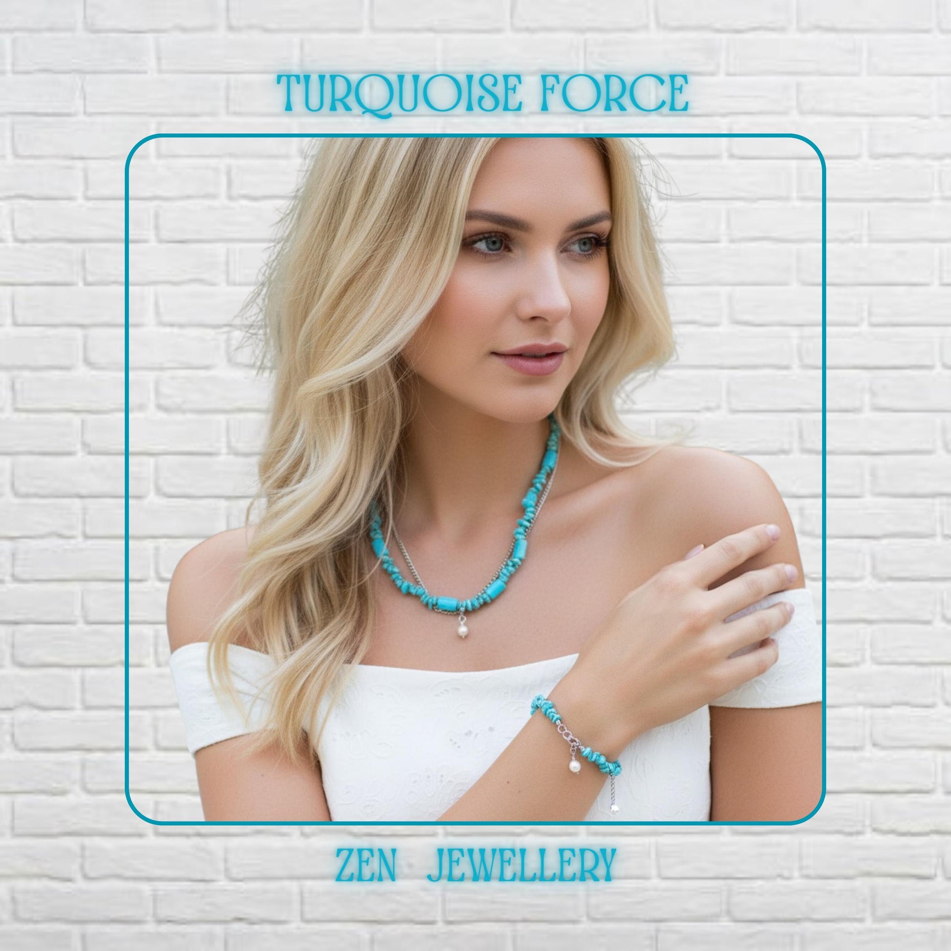 A handmade turquoise chips necklace and bracelet set arranged on a model, featuring two layered sterling silver chains combined with irregular turquoise stones in vibrant blue-green shades, paired with a matching double-strand bracelet, highlighting natural gemstone texture and artisanal boho jewellery design.