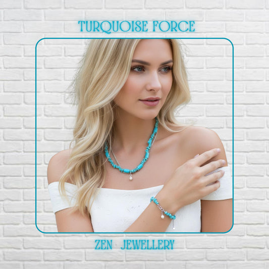 A handmade turquoise chips necklace and bracelet set arranged on a model, featuring two layered sterling silver chains combined with irregular turquoise stones in vibrant blue-green shades, paired with a matching double-strand bracelet, highlighting natural gemstone texture and artisanal boho jewellery design.