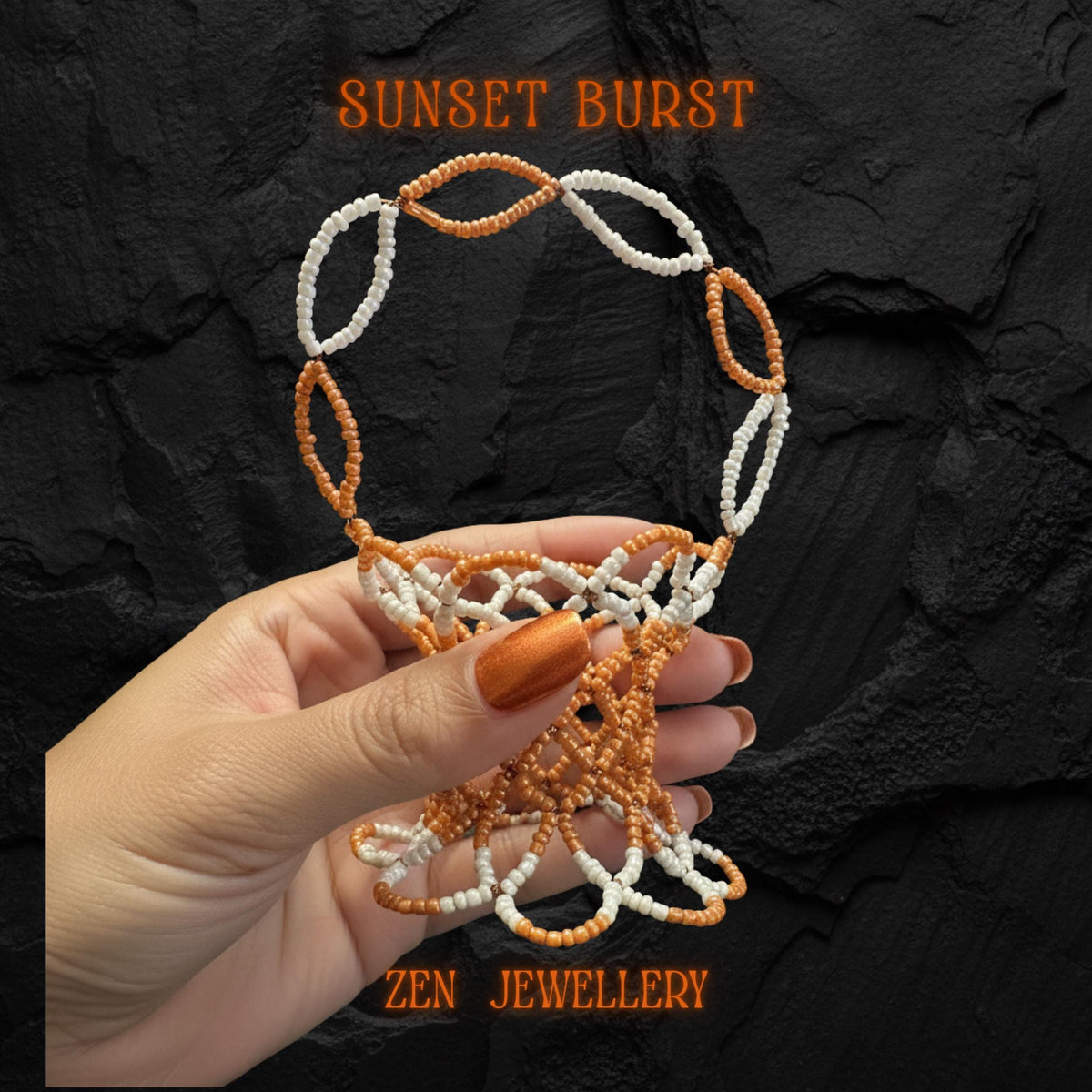 A handmade decorative basket crafted with orange and white Miyuki beads in a detailed woven pattern.