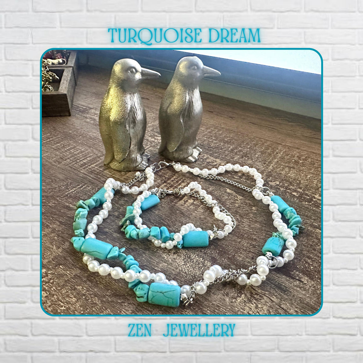 Turquoise pearl necklace displayed on a wood platform, showing 2 strand design with white pearls and turquoise chips, a sterling silver chain visible, styled as layered boho jewellery with a matching bracelet below, highlighting elegant contrast and natural textures.