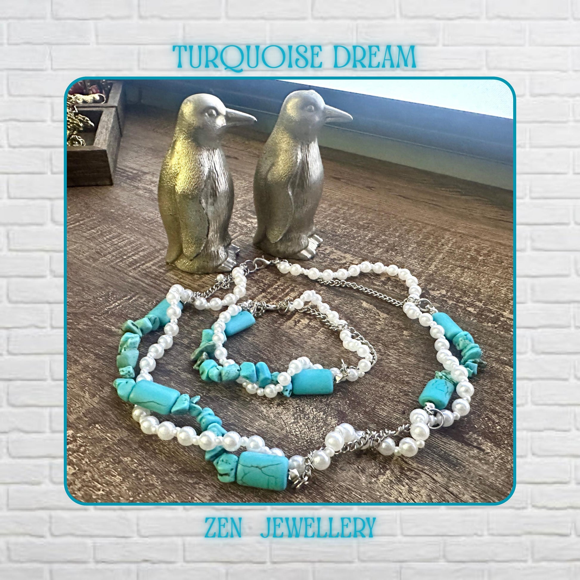 Turquoise pearl necklace displayed on a wood platform, showing 2 strand design with white pearls and turquoise chips, a sterling silver chain visible, styled as layered boho jewellery with a matching bracelet below, highlighting elegant contrast and natural textures.
