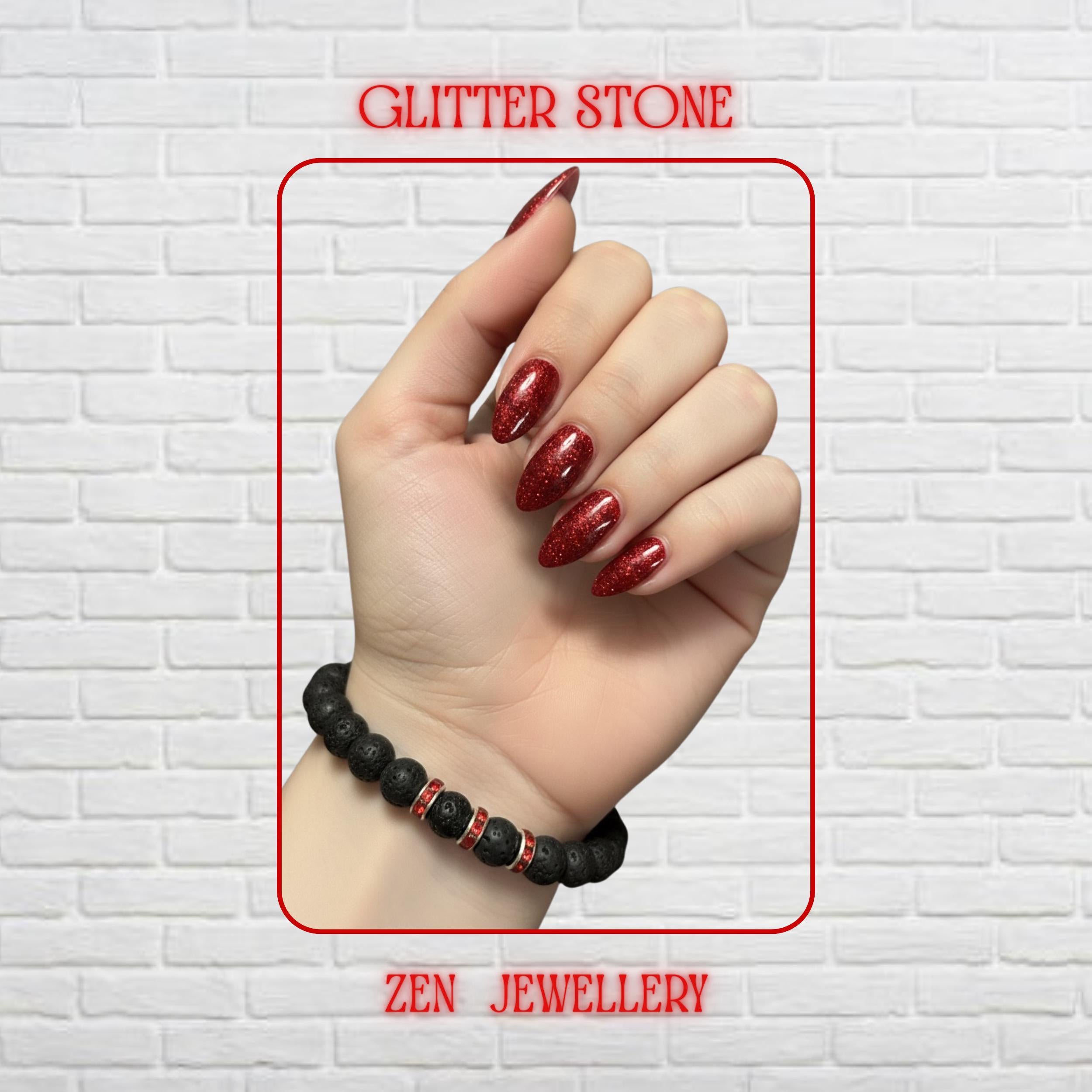 Handmade black lava stone bracelet with bright red rhinestone spacer accents creating elegant contrast. The bracelet features porous volcanic beads with matte texture and mixed bead sizes for a natural handmade appearance. The red crystal spacers add subtle sparkle and vibrant colour against the dark lava stones. Bracelet size is approximately 17 cm with comfortable stretch fit for everyday wear.