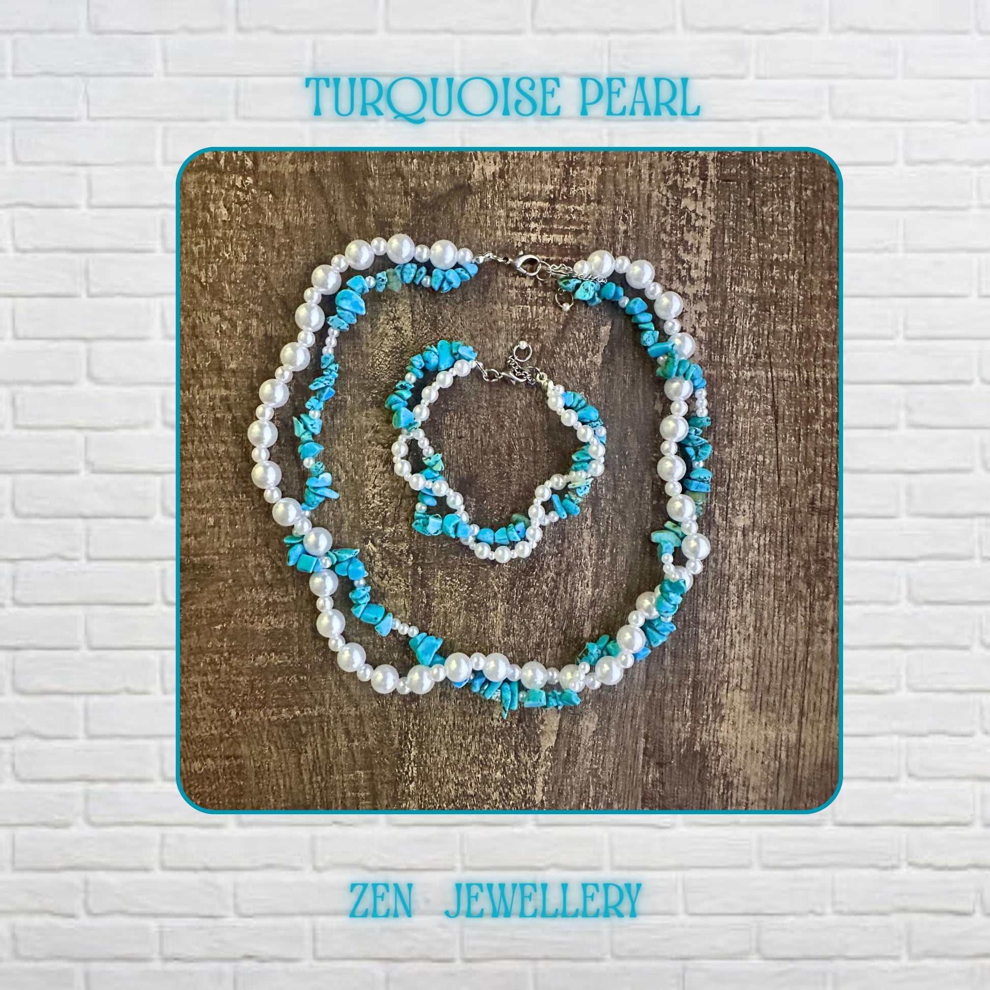 Turquoise pearl necklace and bracelet set displayed on rustic wooden surface with visible turquoise chips and glossy white pearls forming two strands, sterling silver clasp visible, showing natural textures and full matching set composition with necklace approximately 42 cm and bracelet 20 cm.