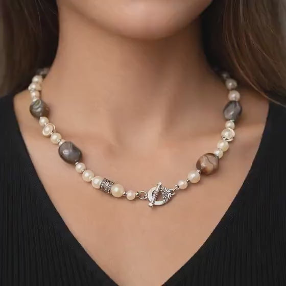 BOTSWANA AGATE Pearl Necklace Silver Rhinestone Boho Jewellery Handmade Elegant Gemstone Statement Women