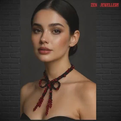CRYSTAL | Red Black Crochet Statement Necklace