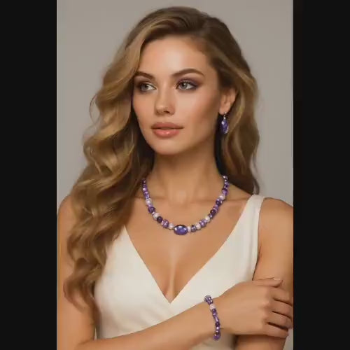AMETHYST PEARL | Necklace Bracelet Purple Gemstone Jewellery | Crystal Fashion Silver Clasp Elegant Handmade Style