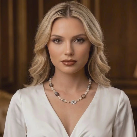 blond model presenting tha boswana agate and pearls necklace