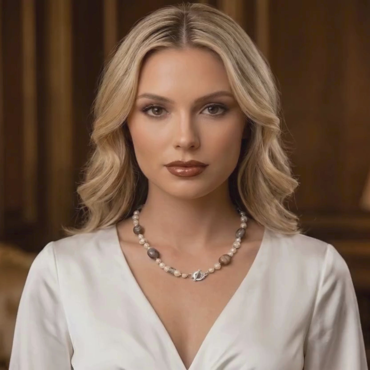 blond model presenting tha boswana agate and pearls necklace