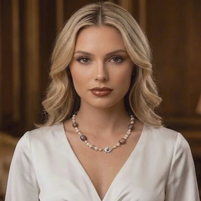 blond model presenting tha boswana agate and pearls necklace