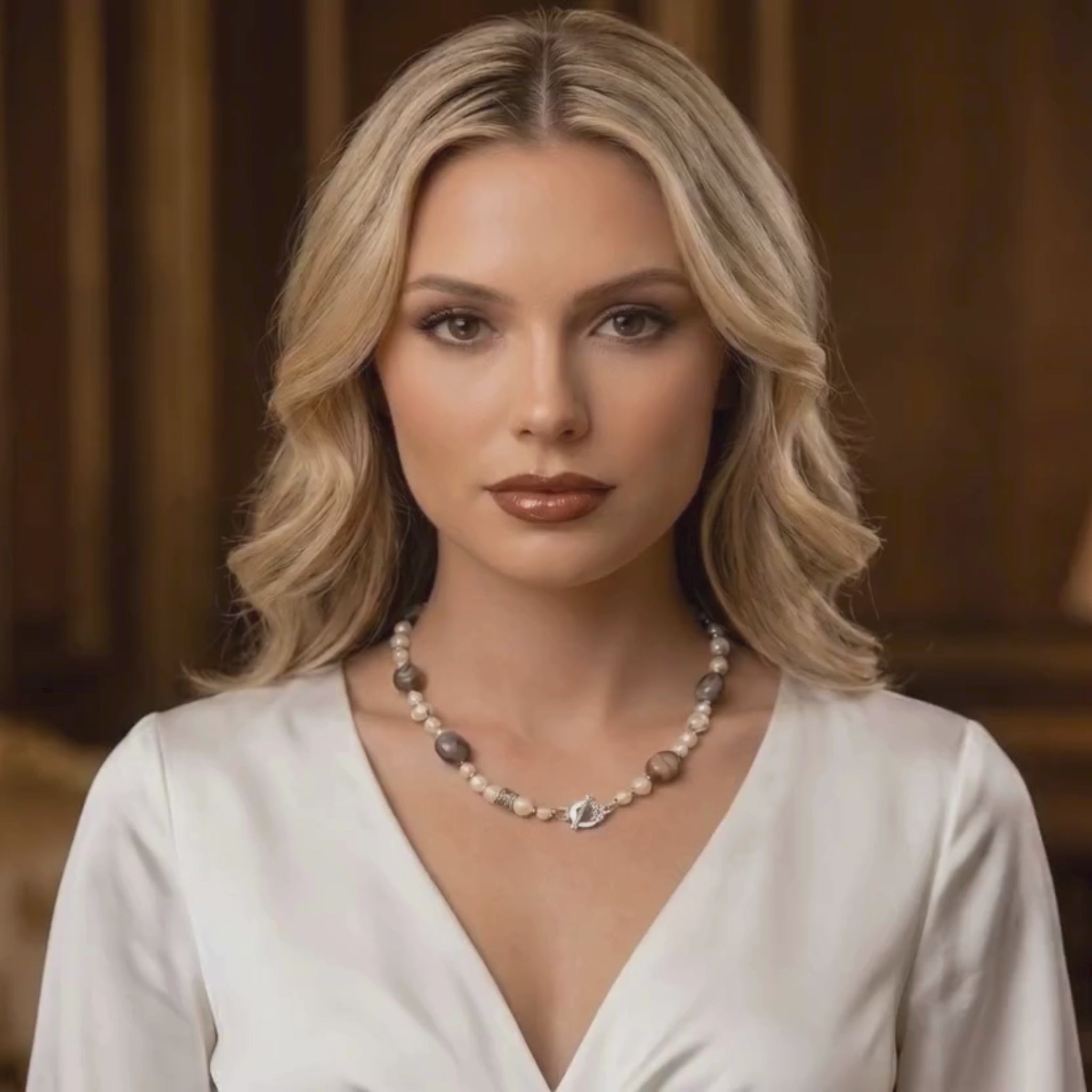 blond model presenting tha boswana agate and pearls necklace