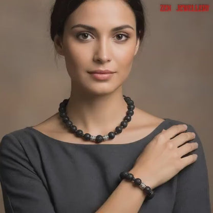 LAVA STONE | Black Necklace Bracelet Set | Silver spacers