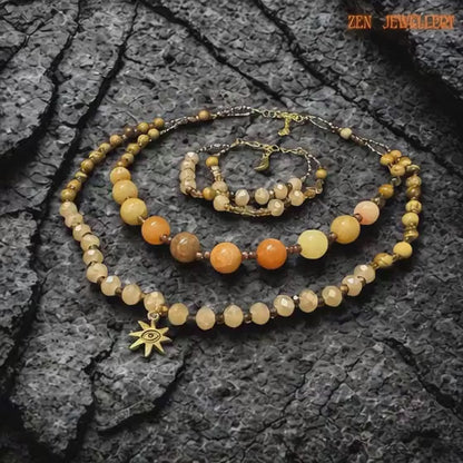 CRYSTAL | JADE | TIGER EYE | Layered Necklace Bracelet Set | Honey Gold