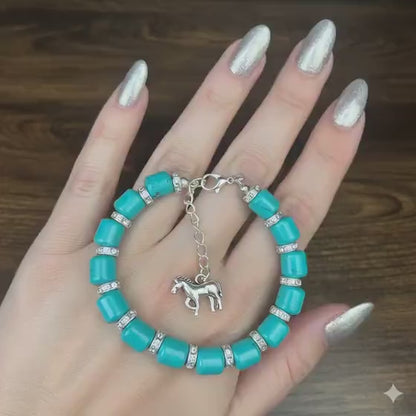 TURQUOISE | Rhinestone Bracelet | Silver Horse Charm | Boho Jewellery