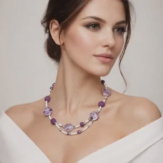 AMETHYST PEARL | Lava Stone Necklace | Double Strand Bohemian Jewellery Silver Clasp Elegant Style
