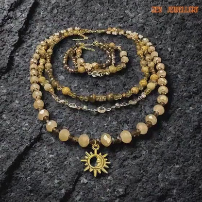AVENTURINE | CRYSTAL | TIGER EYE | Layered Necklace & Bracelet Set | Sun Charm