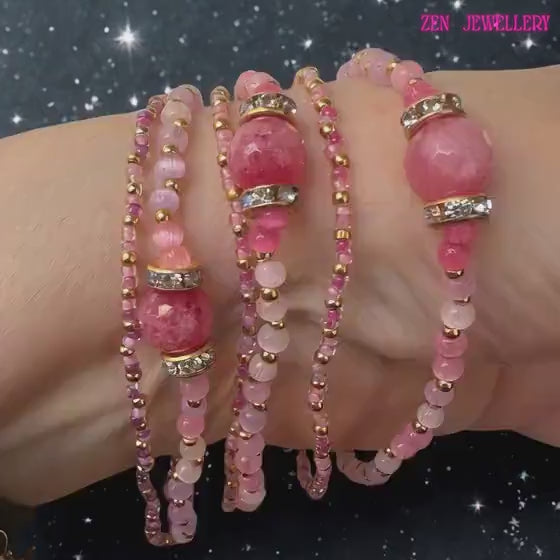 ROSE CRYSTAL Multi Strand Bracelet Pink Beaded Choker Quartz Rhinestone  Jewellery Accessory