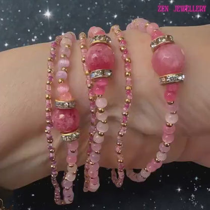 CRYSTAL | JADE | Pink Beaded Rhinestones Multi Strand Bracelet