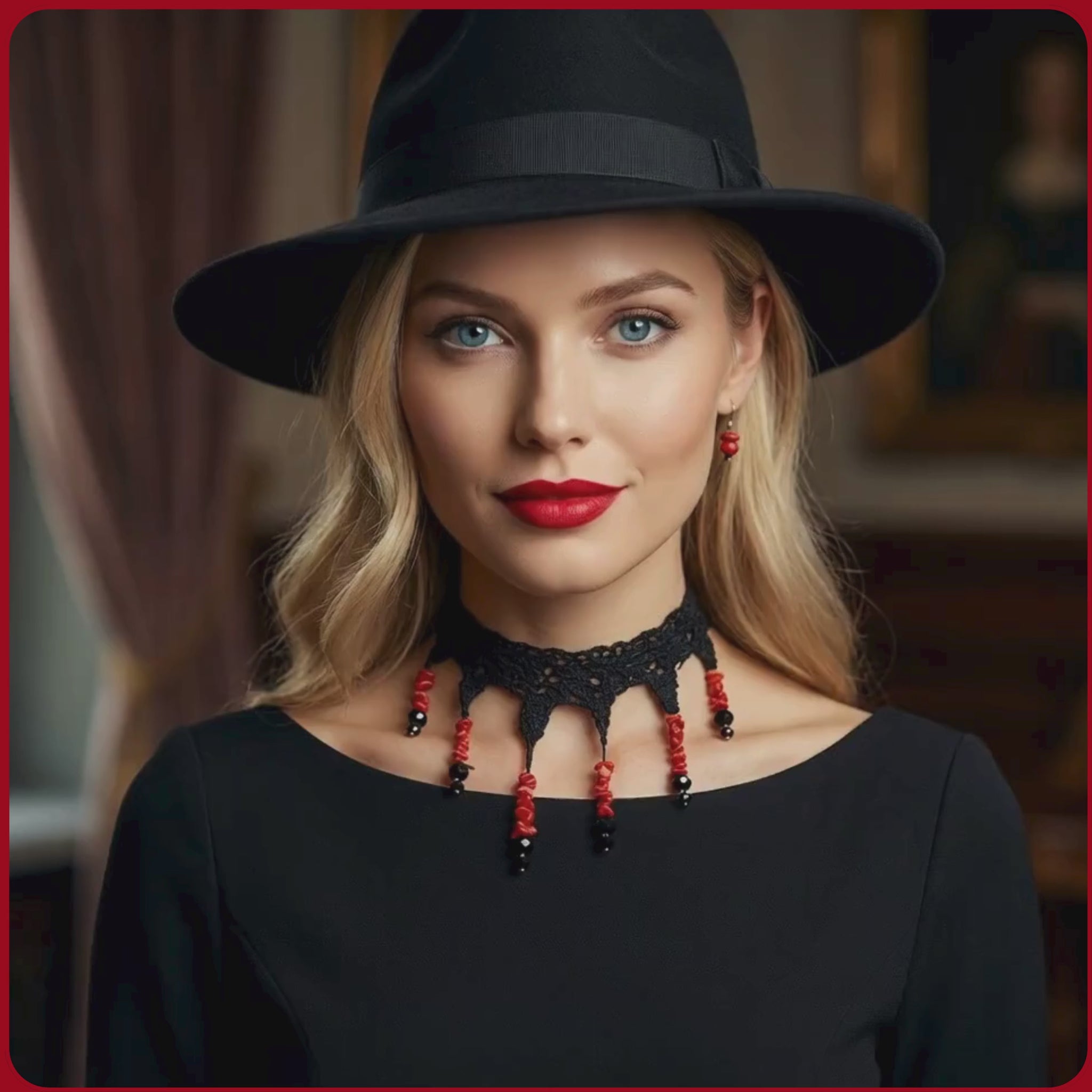 Blond model with black hat and black dress wearing a coral and crystal silk necklace