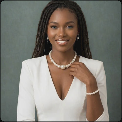 African model wearing a white pearls with silver rhinestones necklace and bracelet set