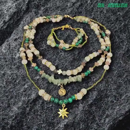 AVENTURINE | Necklace Bracelet Set | Ivory Green Gold Boho