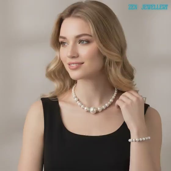 WHITE PEARLS | Necklace Bracelet Set | Rhinestone Silver Details | Romantic Bridal Jewellery Handmade Style