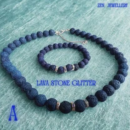 LAVA STONE | Navy Blue Necklace Bracelet Set | Rhinestone Boho